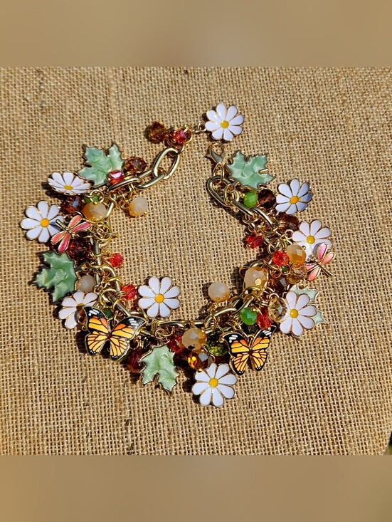 Handcrafted Jewelry - Gold Floral, Dragonfly & Butterfly Charm Bracelet - White Daisy, Green Leaf OOAK